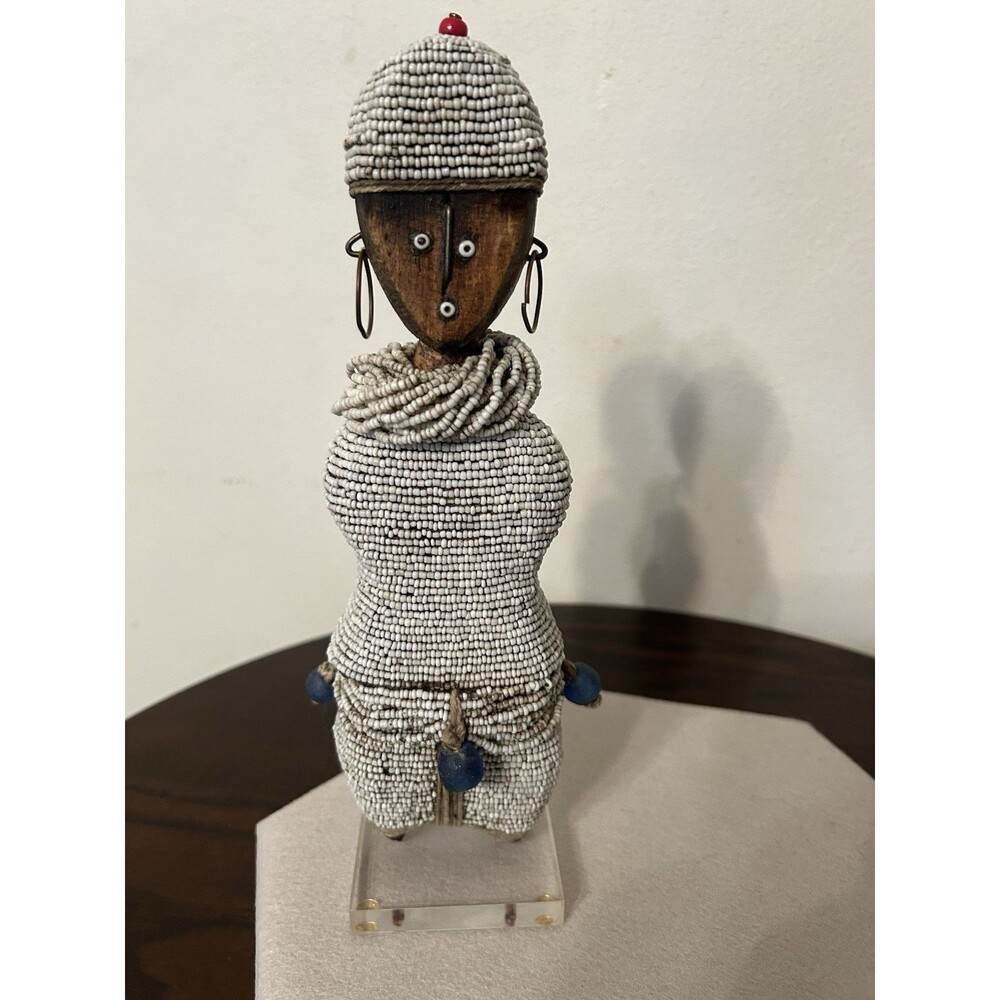 African Namji Dolls Luck and Fertility White beads  10 1/2 Inches Tall